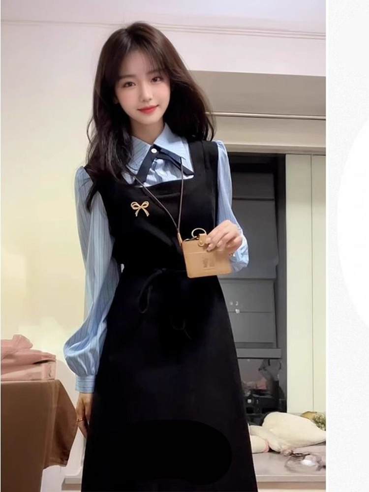 Korean Style A Line Shirt Dress - Elegant Black College Style Shirt Dress