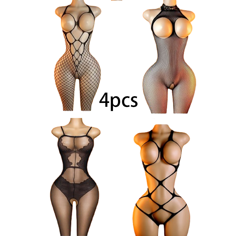 Lingerie - 4-Piece Set: Black Cut-Out Open-Back Lingerie