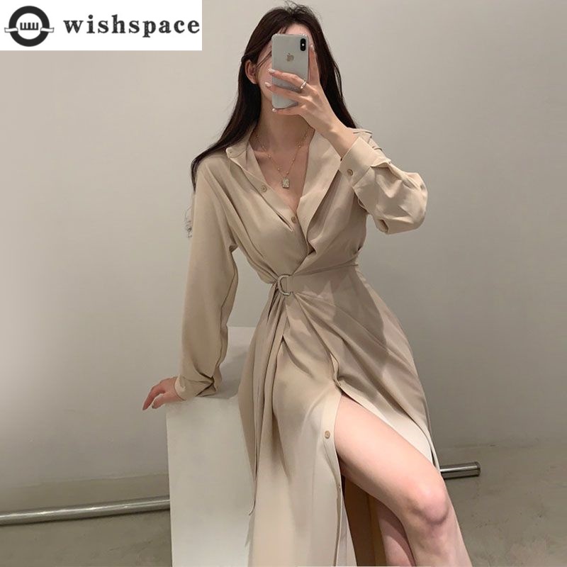 Korean Style A Line Shirt Dress - Long Sleeved Lapel Shirt Style Dress