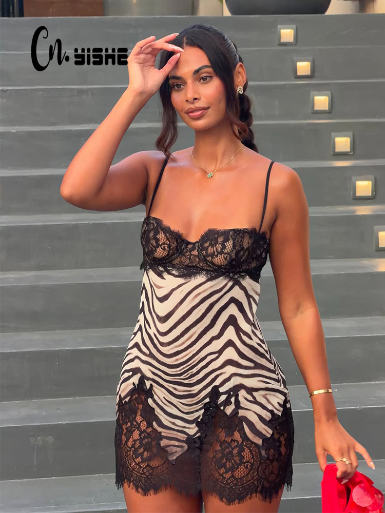 Sexy Mesh Sheer Bodycon Dress - CNYISHE Camisoles Zebra Prints Lace Patchwork