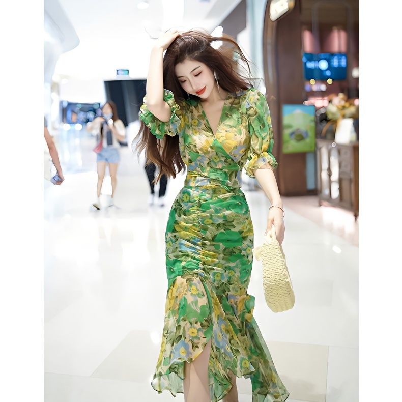 French Vintage Floral Midi Dress - New Summer Fashion Style Waist-hugging Dress