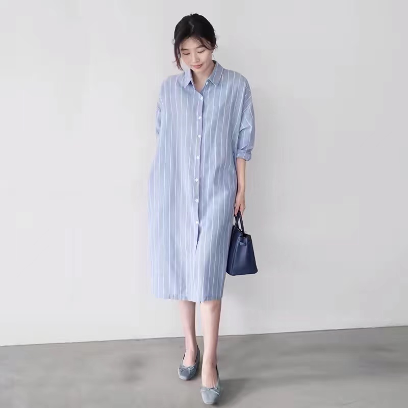 Korean Style A Line Shirt Dress - Blue Striped Shirt Dress Women's Loose