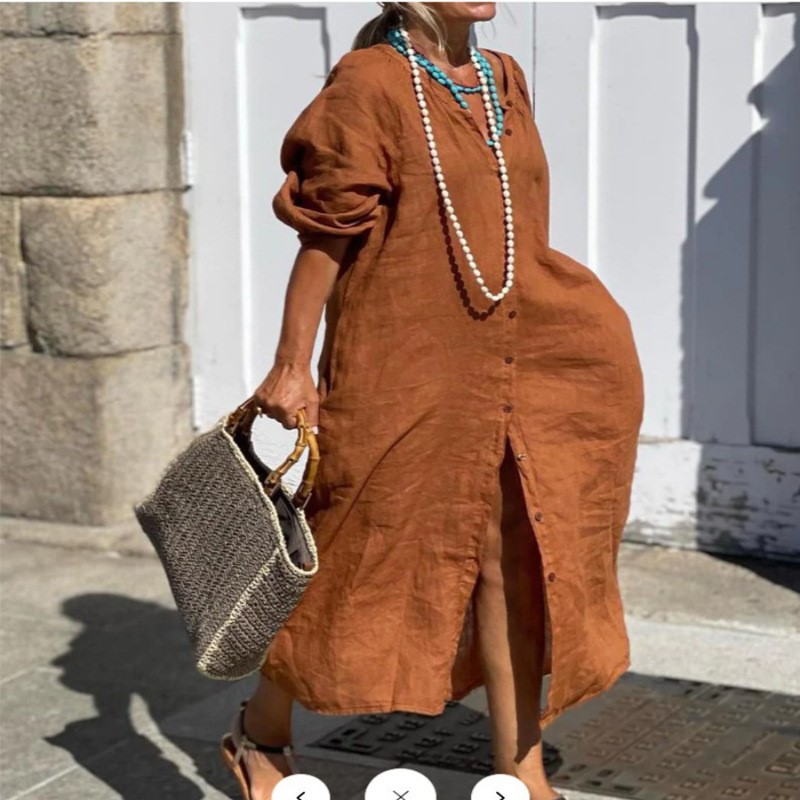 Fashion Elegant Spring Cotton  - đánh giá và giá Casual Loose Linen Shirt Dress
