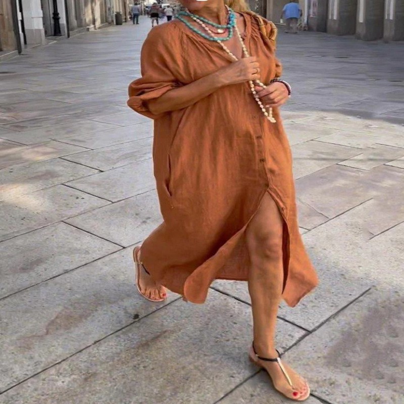 Fashion Elegant Spring Cotton  - đánh giá và giá Casual Loose Linen Shirt Dress