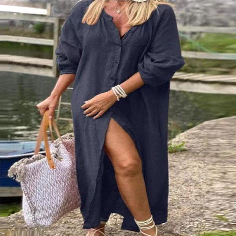Fashion Elegant Spring Cotton  - đánh giá và giá Casual Loose Linen Shirt Dress