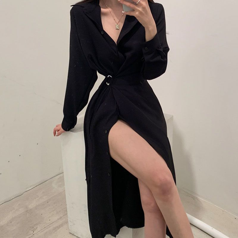 Long Sleeved Lapel Shirt Style - đánh giá và giá Korean Style A Line Shirt Dress