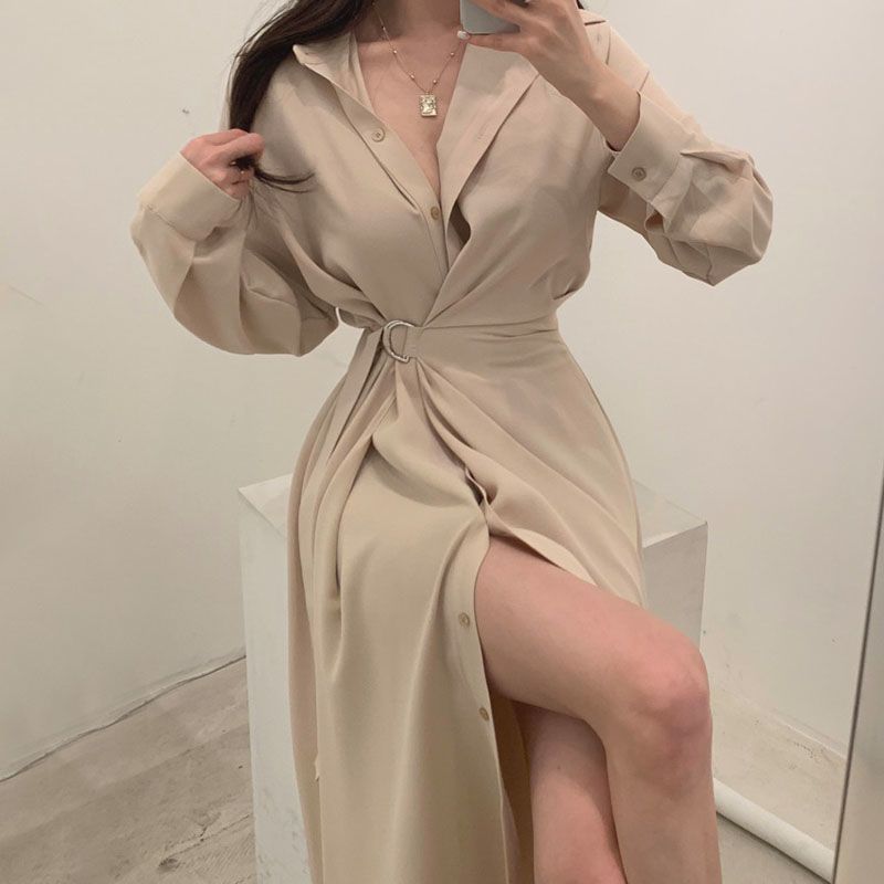 Long Sleeved Lapel Shirt Style - đánh giá và giá Korean Style A Line Shirt Dress
