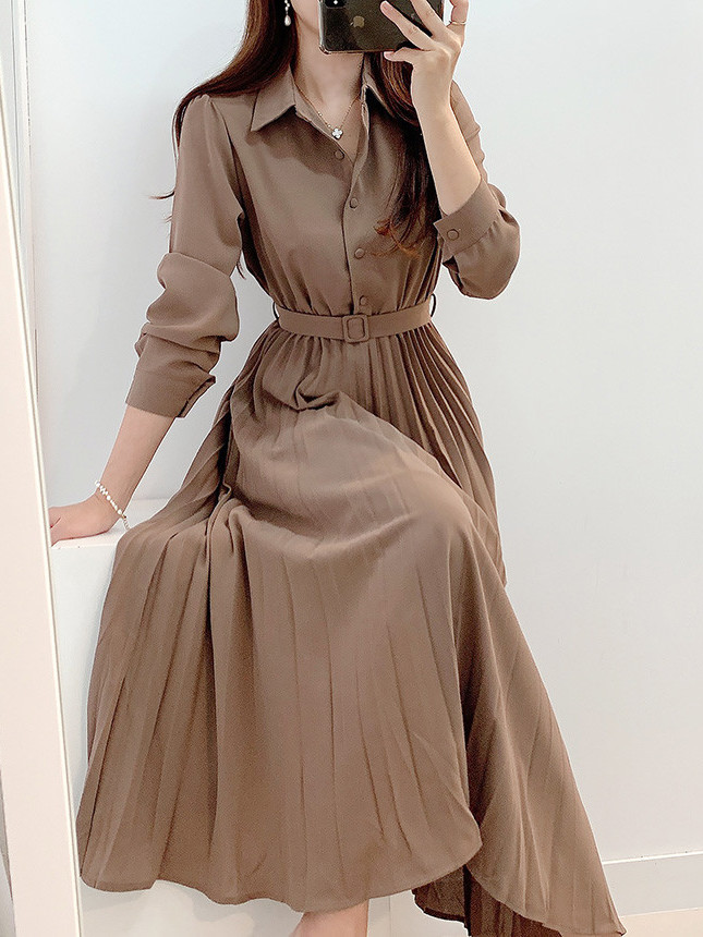 Retro Pleated Long Shirt Dress - đánh giá và giá Korean Style A Line Shirt Dress