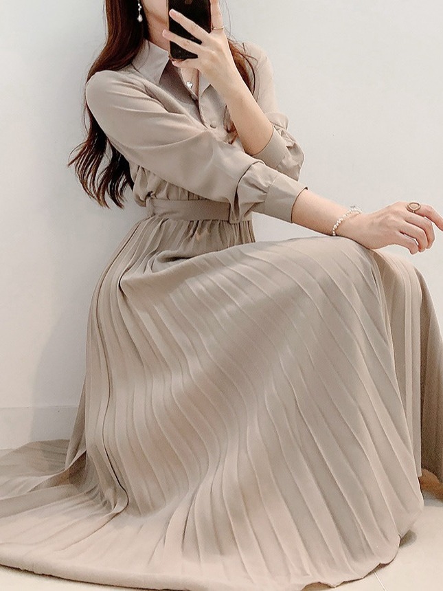 Retro Pleated Long Shirt Dress - đánh giá và giá Korean Style A Line Shirt Dress