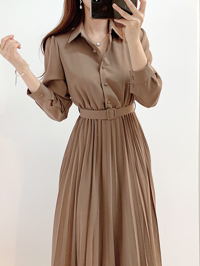 Retro Pleated Long Shirt Dress - đánh giá và giá Korean Style A Line Shirt Dress