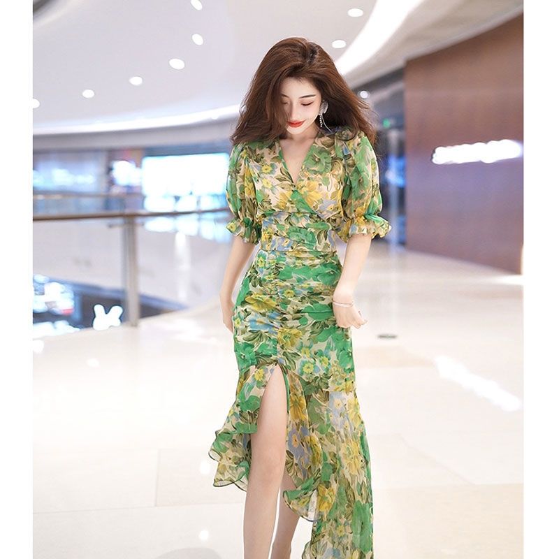 New Summer Fashion Style Waist - đánh giá và giá French Vintage Floral Midi Dress