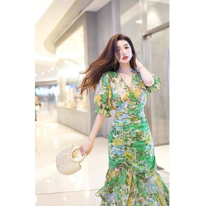 New Summer Fashion Style Waist - đánh giá và giá French Vintage Floral Midi Dress