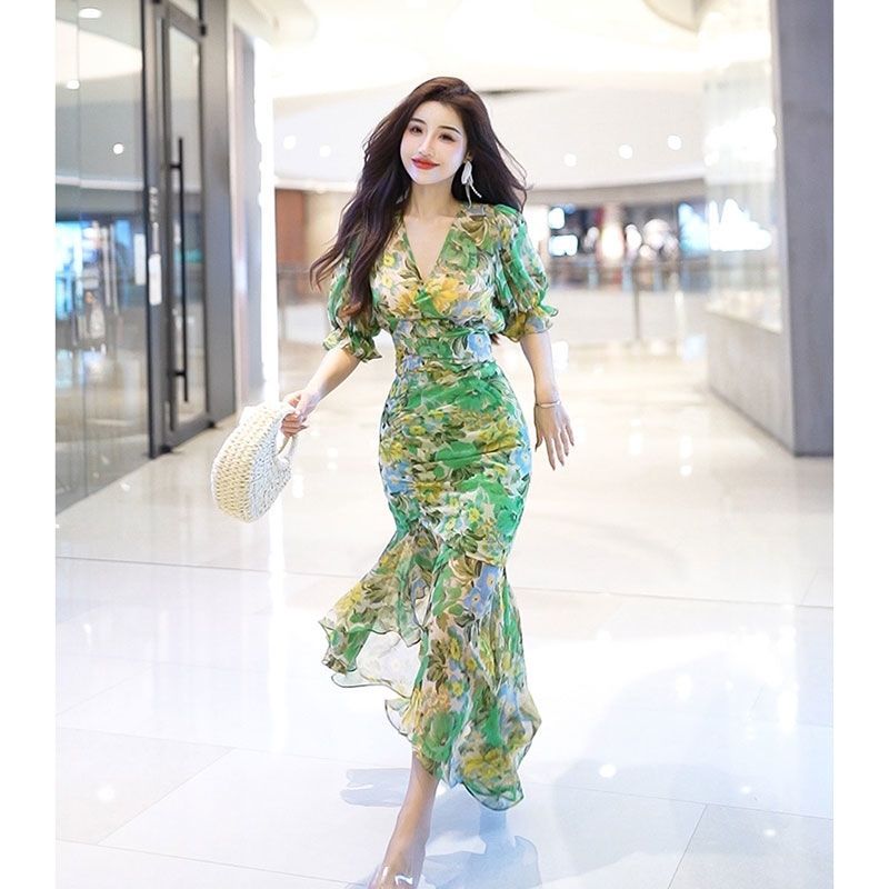 New Summer Fashion Style Waist - đánh giá và giá French Vintage Floral Midi Dress