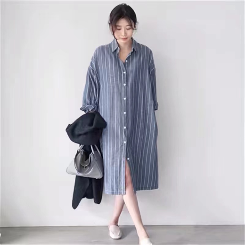 Blue Striped Shirt Dress Women - đánh giá và giá Korean Style A Line Shirt Dress