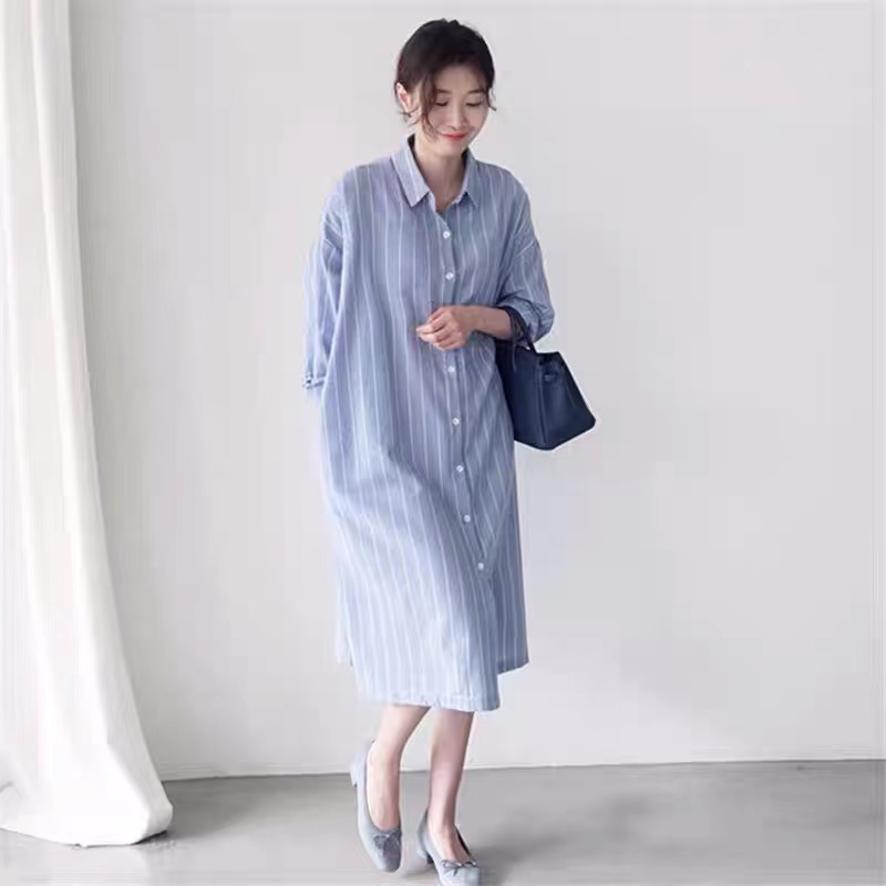 Blue Striped Shirt Dress Women - đánh giá và giá Korean Style A Line Shirt Dress