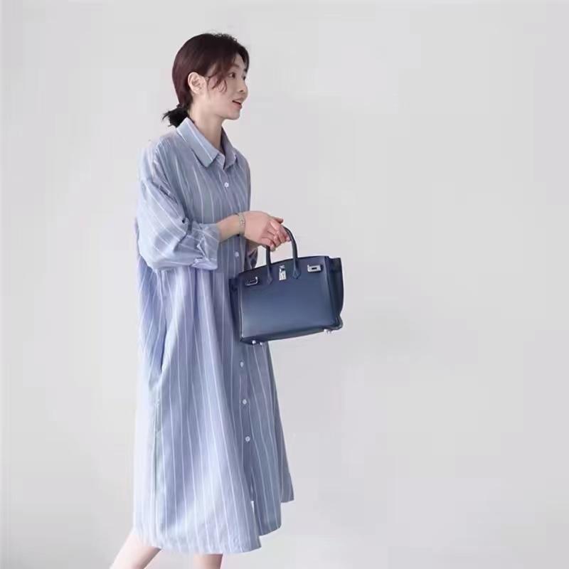 Blue Striped Shirt Dress Women - đánh giá và giá Korean Style A Line Shirt Dress
